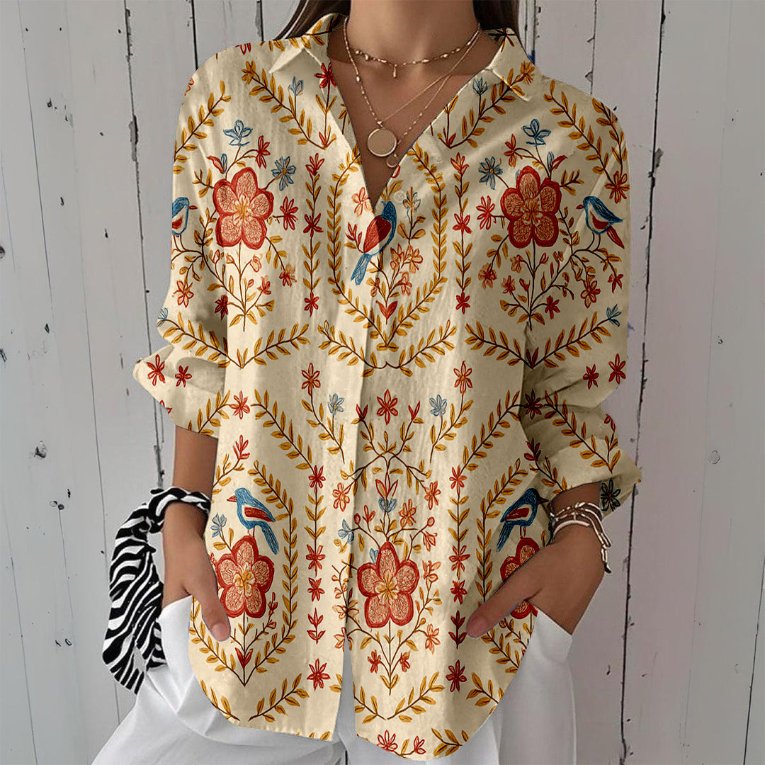 Women Long Sleeve V-neck Graphic Floral Printed Top