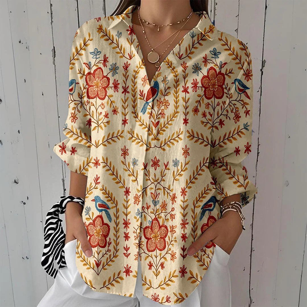 Style & Comfort for Mature Women Women Bohemian, Orange DZCL0090 3/4 Sleeve Shirt Collar Printed Button Tops