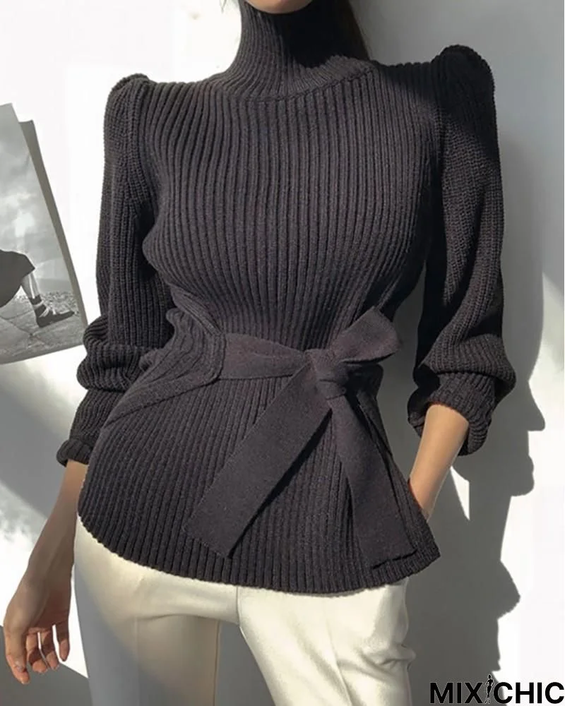 High Neck Puff Sleeve Tied Detail Sweater