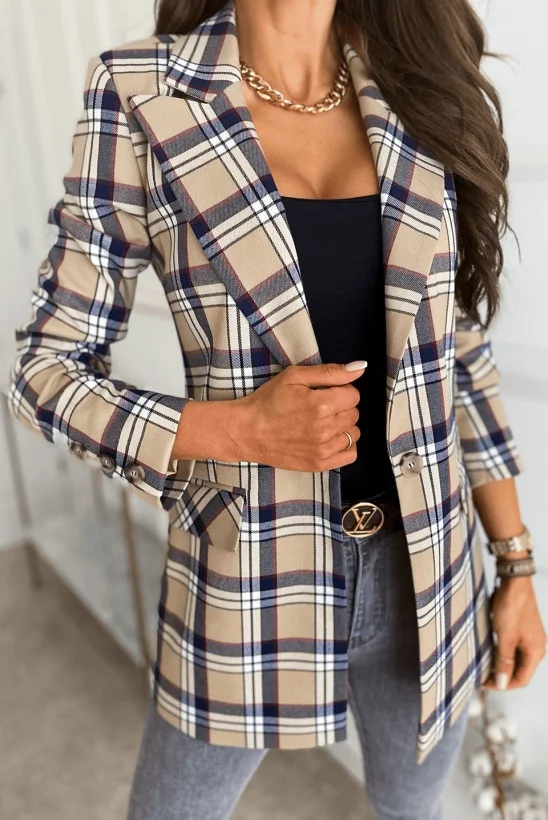Women's blazers Casual Fashion Loose Jacket Long Sleeve Slim Single Button Plaid Printed Jacket Small Suit