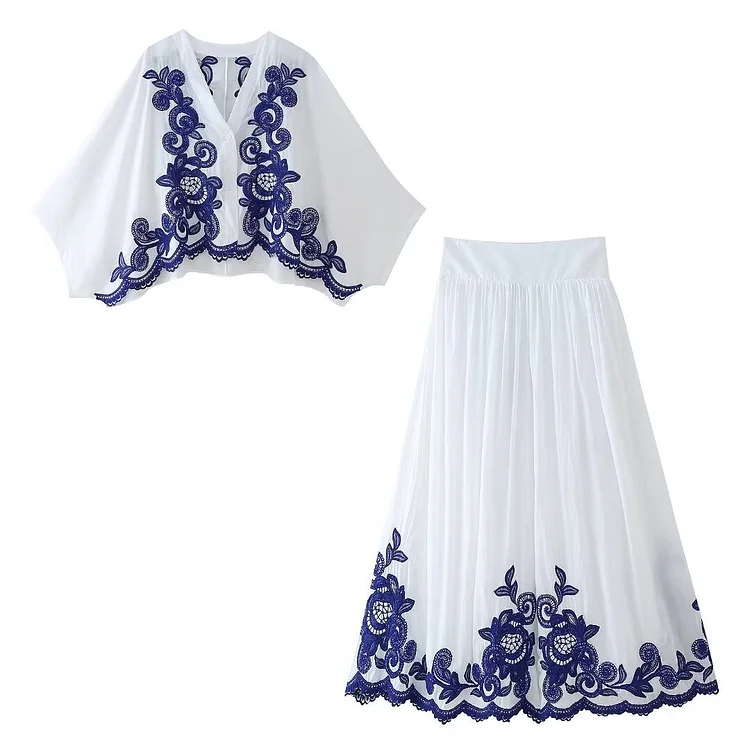 V Neck Embroidery Shirt and Skirt Set