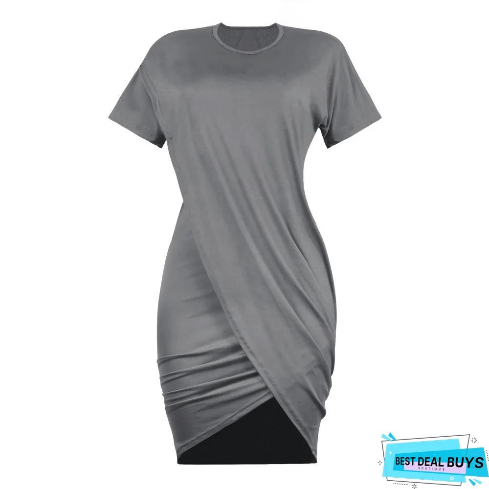 Round Neck Pleated Dress with Irregular Short Sleeves