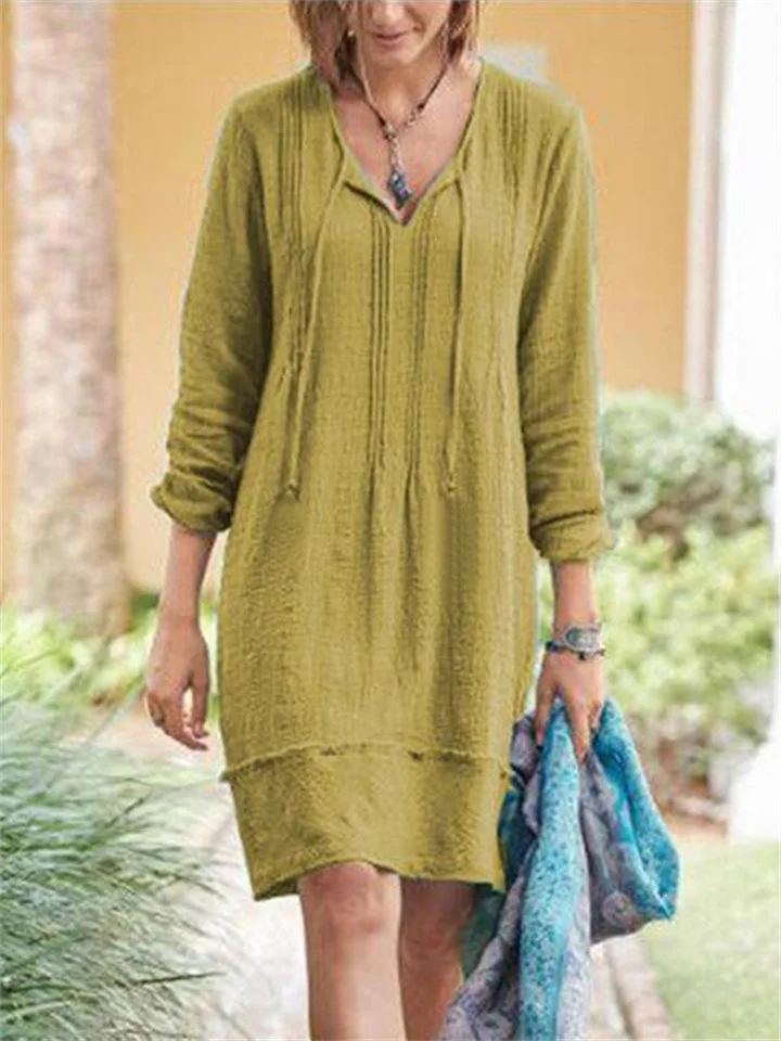 Summer Solid Color Dress Patchwork Mid-length Long Sleeve V-neck Lace-up Dress Yellow Red Green Blue Black