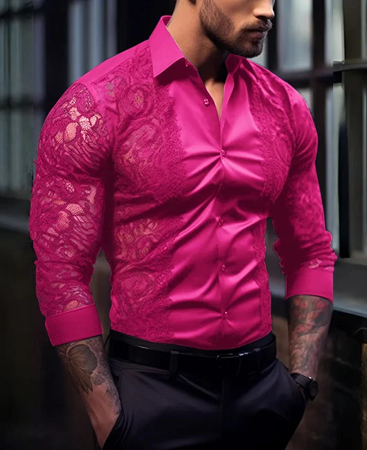 Lace Satin Turndown Collar Single Breasted Shirt 