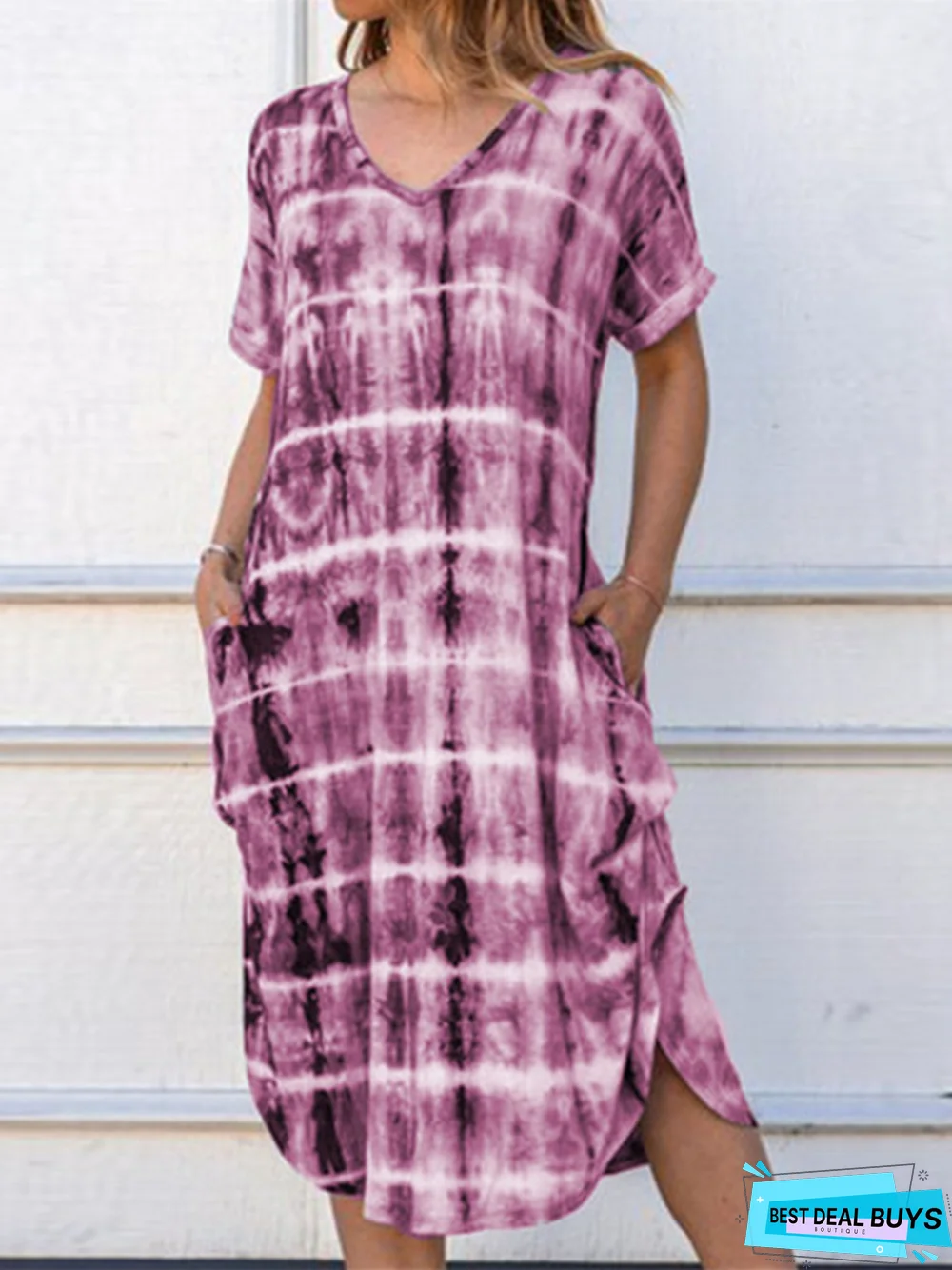 New Women's Short-Sleeved V-Neck Loose-Fitting Fork Print Dress