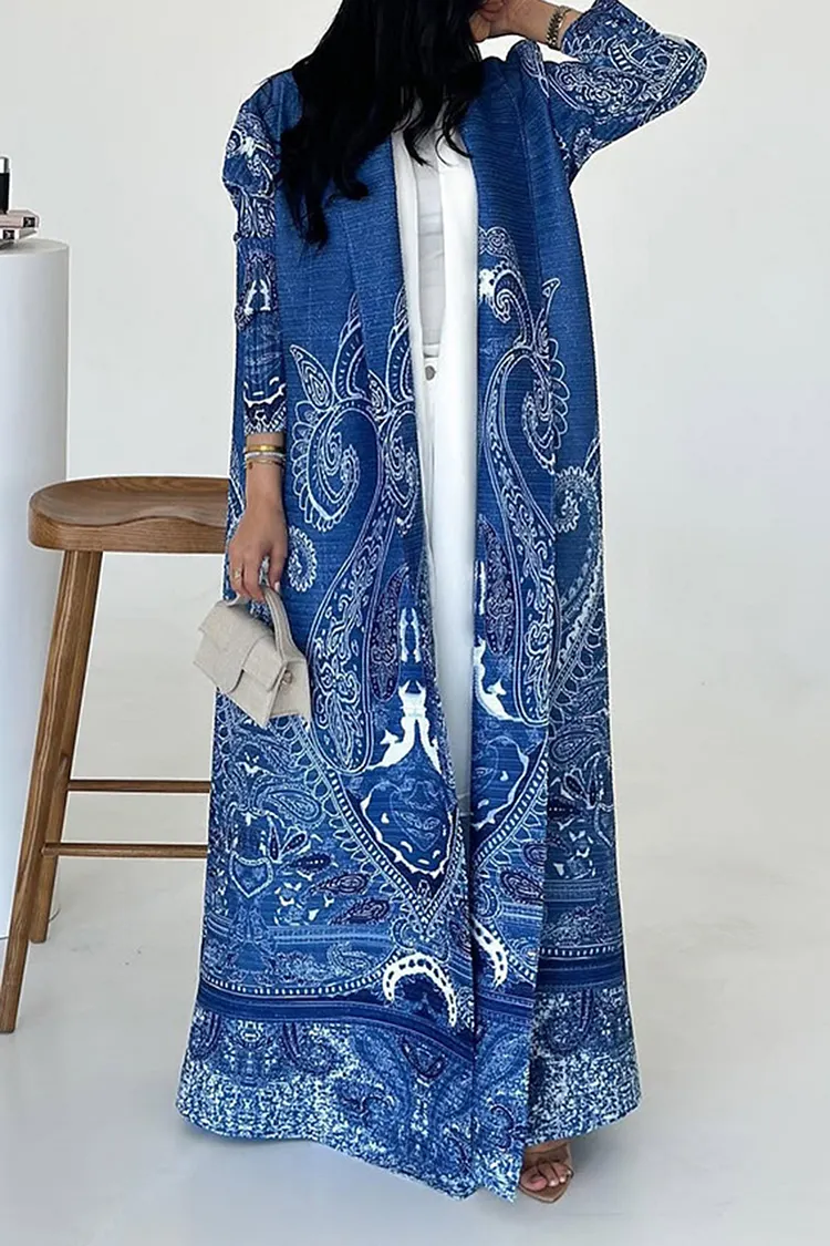 Shawl Collar Pattern Print Pleated Loose-Fit Abaya Long Cardigan