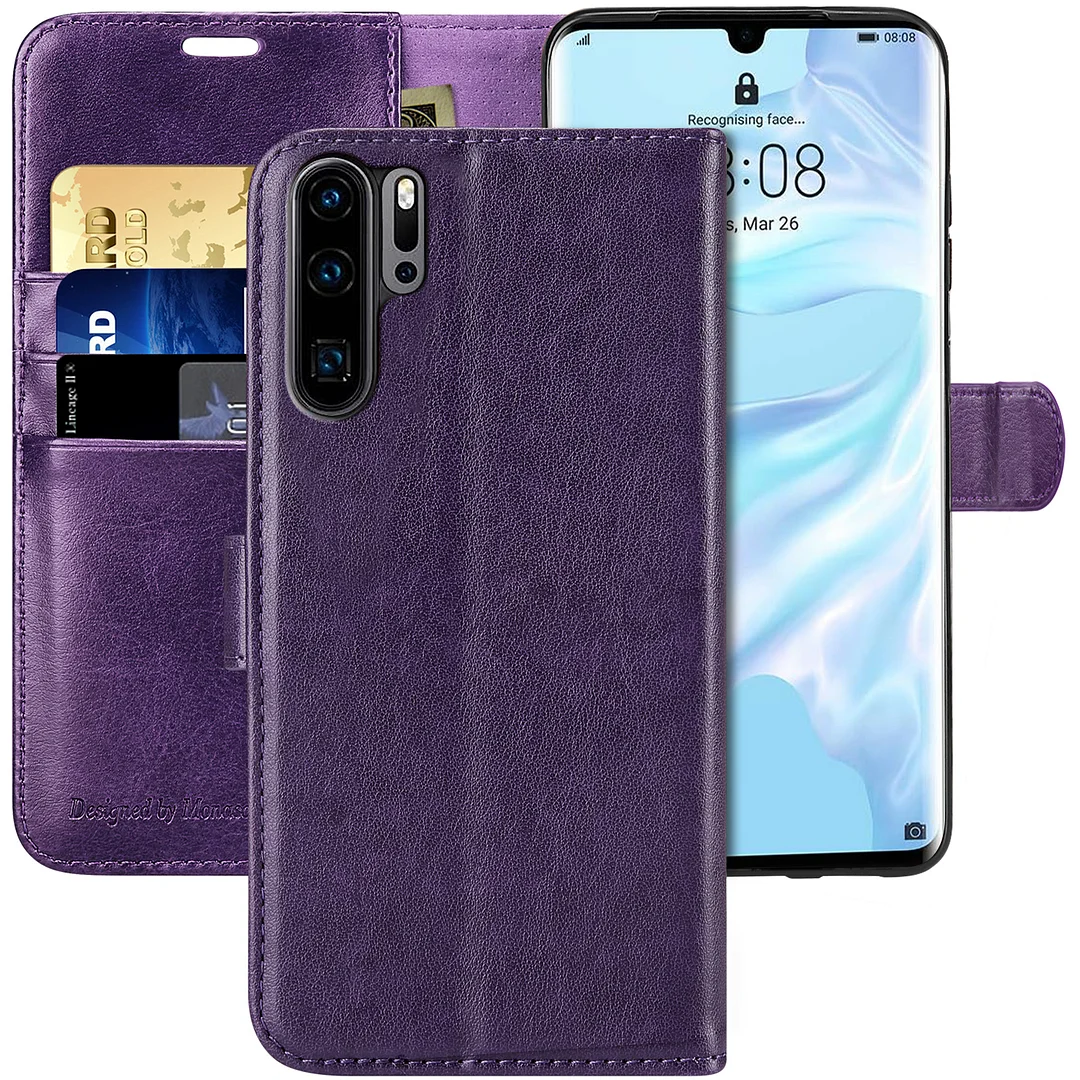 MONASAY HUAWEI P30 Pro Wallet Case, 6.47-inch, Glass Screen Protector Included