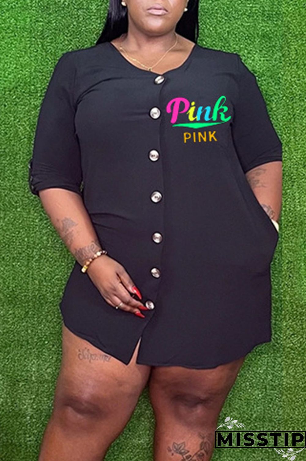 Black Casual Print Patchwork Buckle O Neck Straight Plus Size Dresses