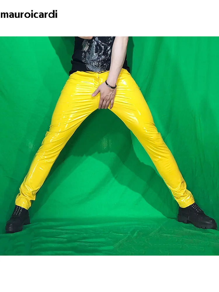 Aonga Spring Skinny Sexy Shiny Reflective Stretchy Thin Orange Yellow Blue Patent Pu Leather Pants Men Y2K Streetwear 2023 aonga