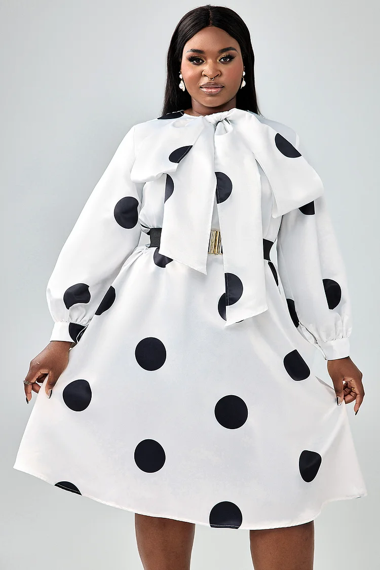 Xpluswear Design Plus Size Business Casual Dress White Satin Bow Tie Long Sleeve Polka Dot Print Midi Dress (With Belt) 