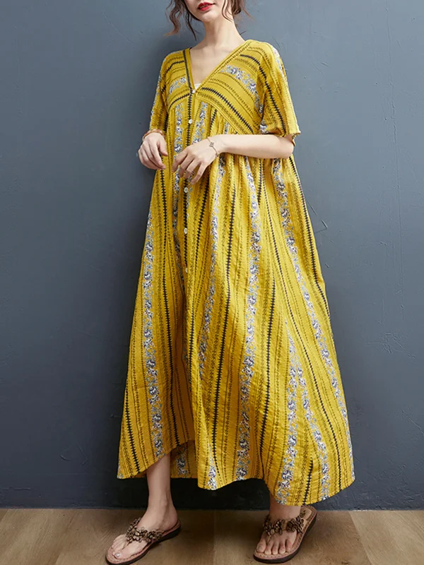 Bohemian Vintage Print V-Neck Dress