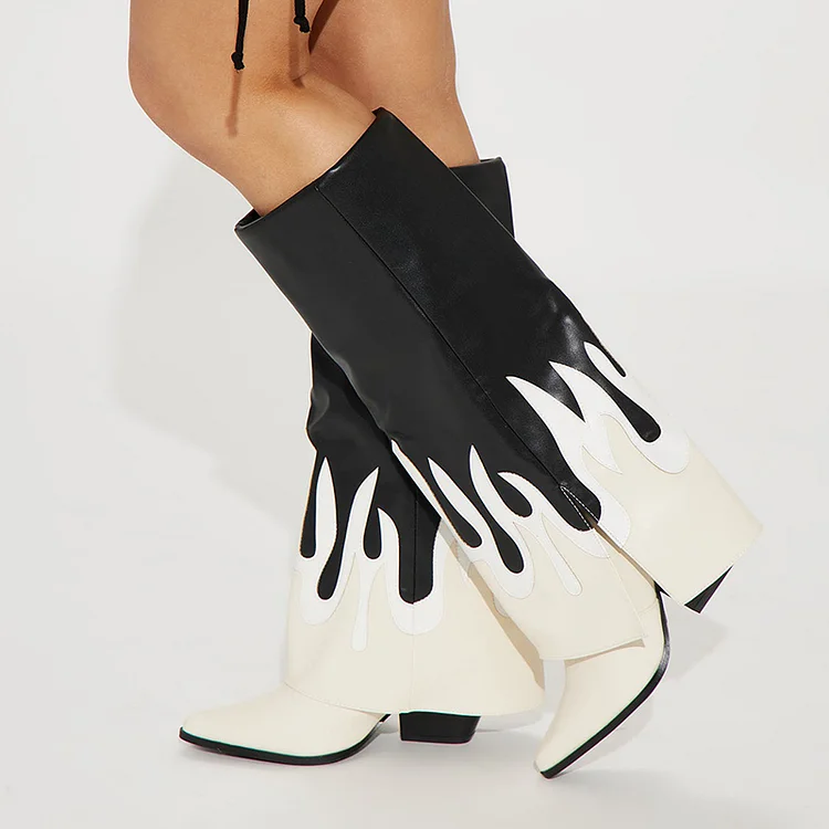 Black and White Contrast Fold-Over Wide Calf Western Boots with Chunky Heel | Pointed Toe |FSJ Shoes