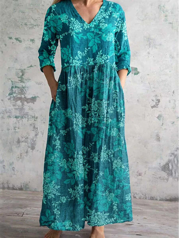 Women's 3/4 Sleeve V-neck Floral Printed Midi Dress