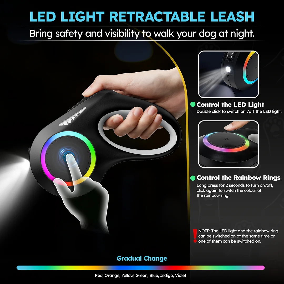 Retractable Dog Leash, 16ft Retractable Leash with Rechargeable LED Light - Tangle Free, Anti Slip Handle, Nylon Tape, One Button Brake & Lock