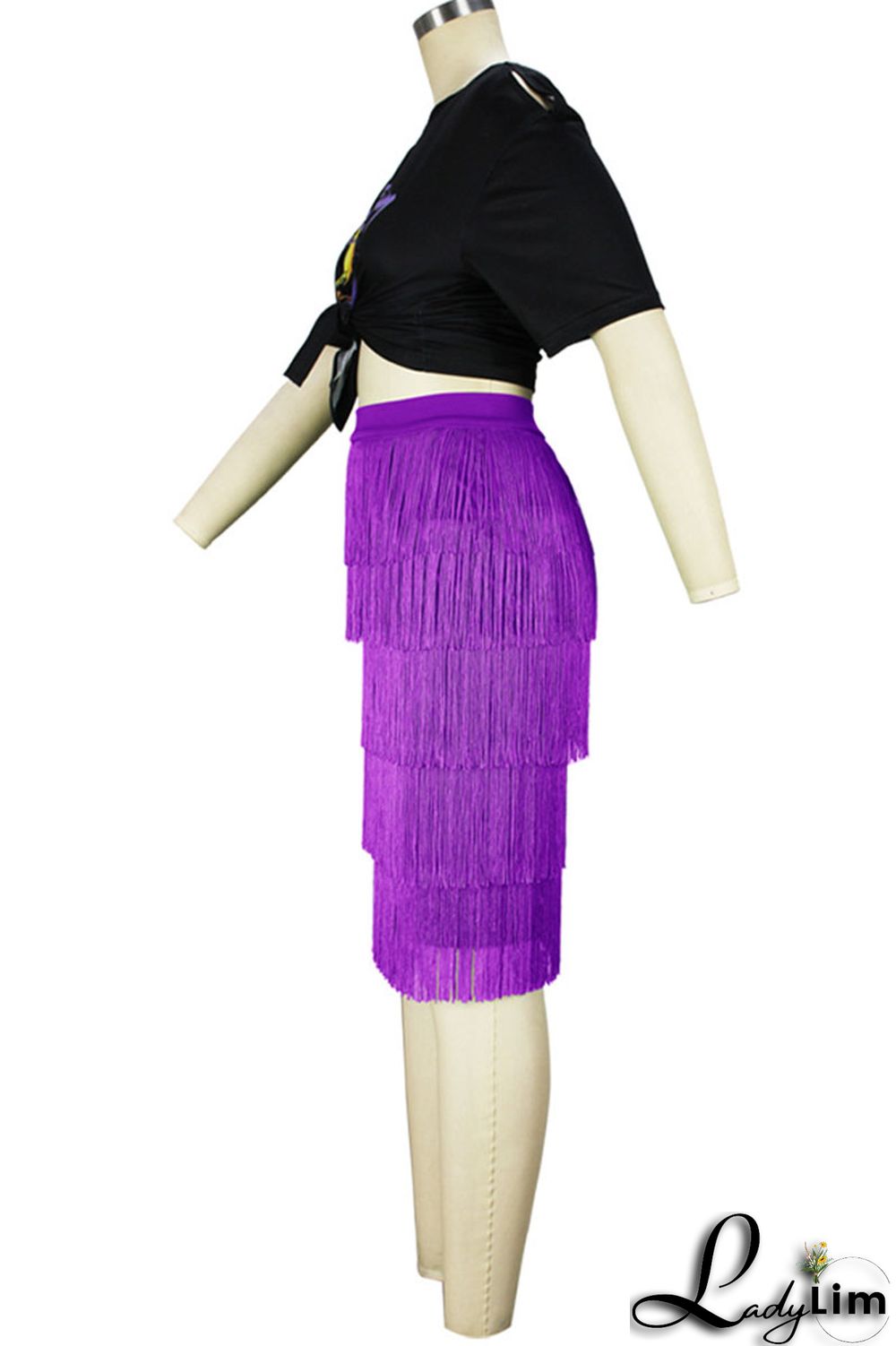 Purple Casual Print Tassel Split Joint O Neck Short Sleeve Two Pieces