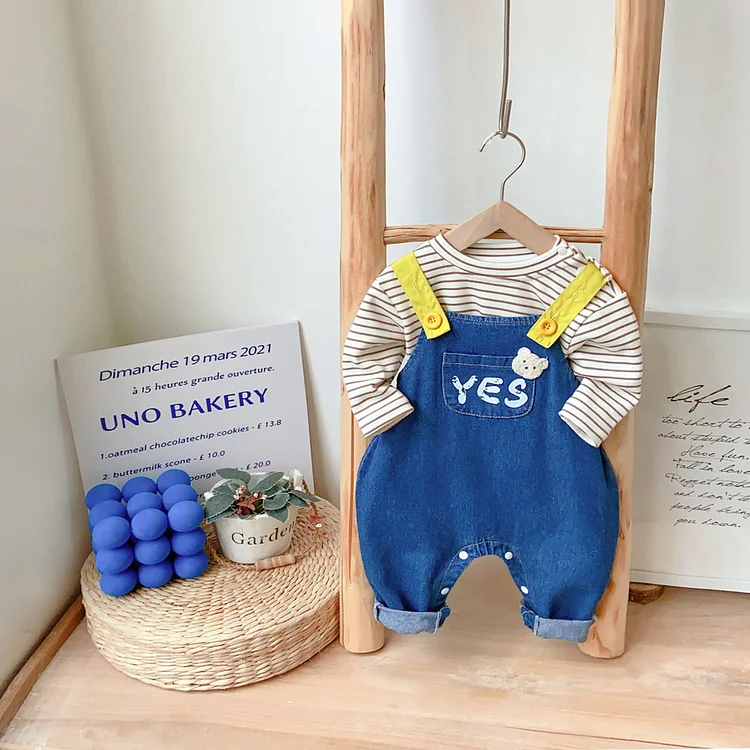 Baby Boy Bear Patch Denim Sling Overalls and Striped T-Shirt Set