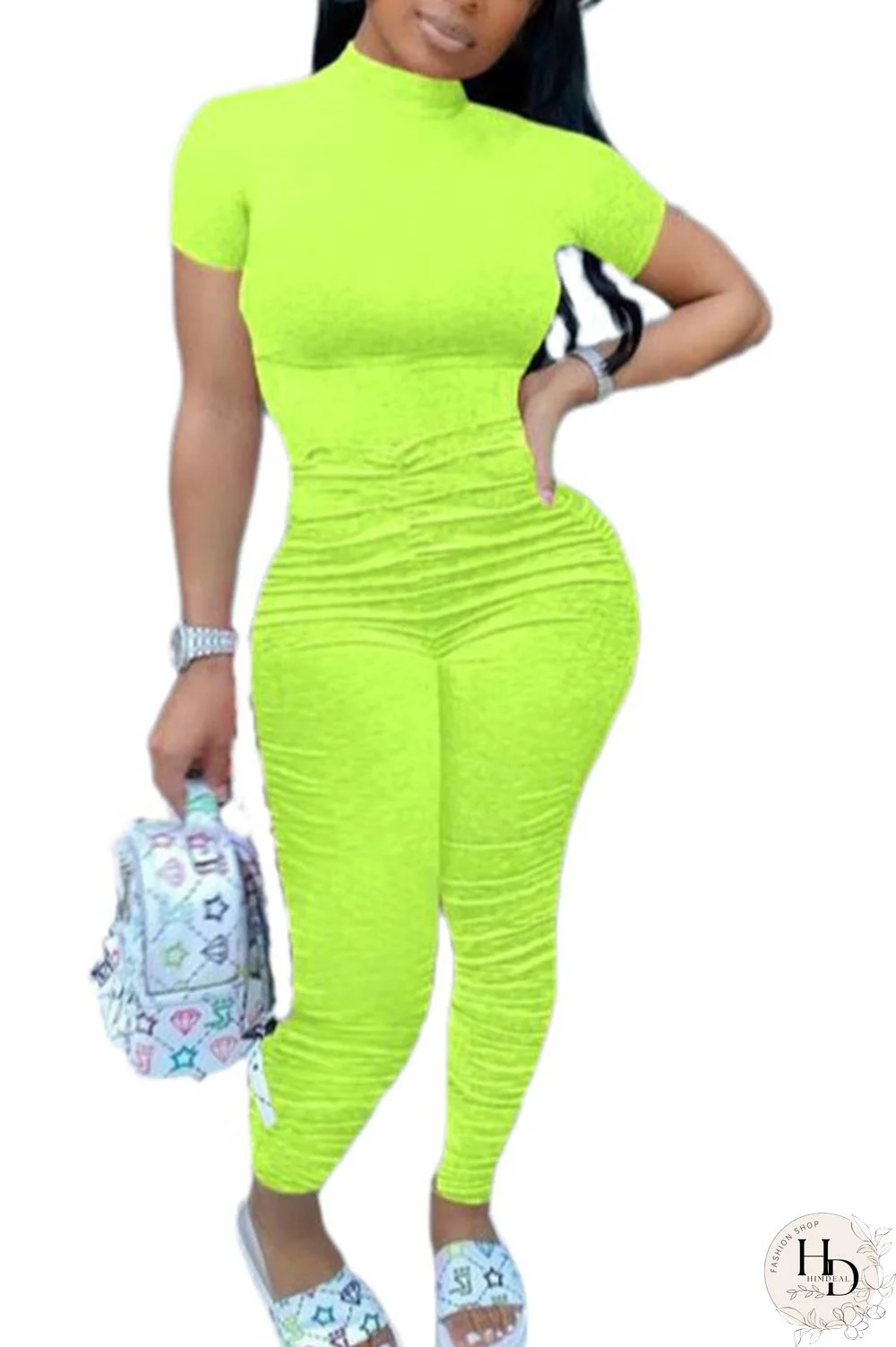 Fluorescent Yellow Fashion Casual Solid Draped Polyester Short Sleeve O Neck Jumpsuits