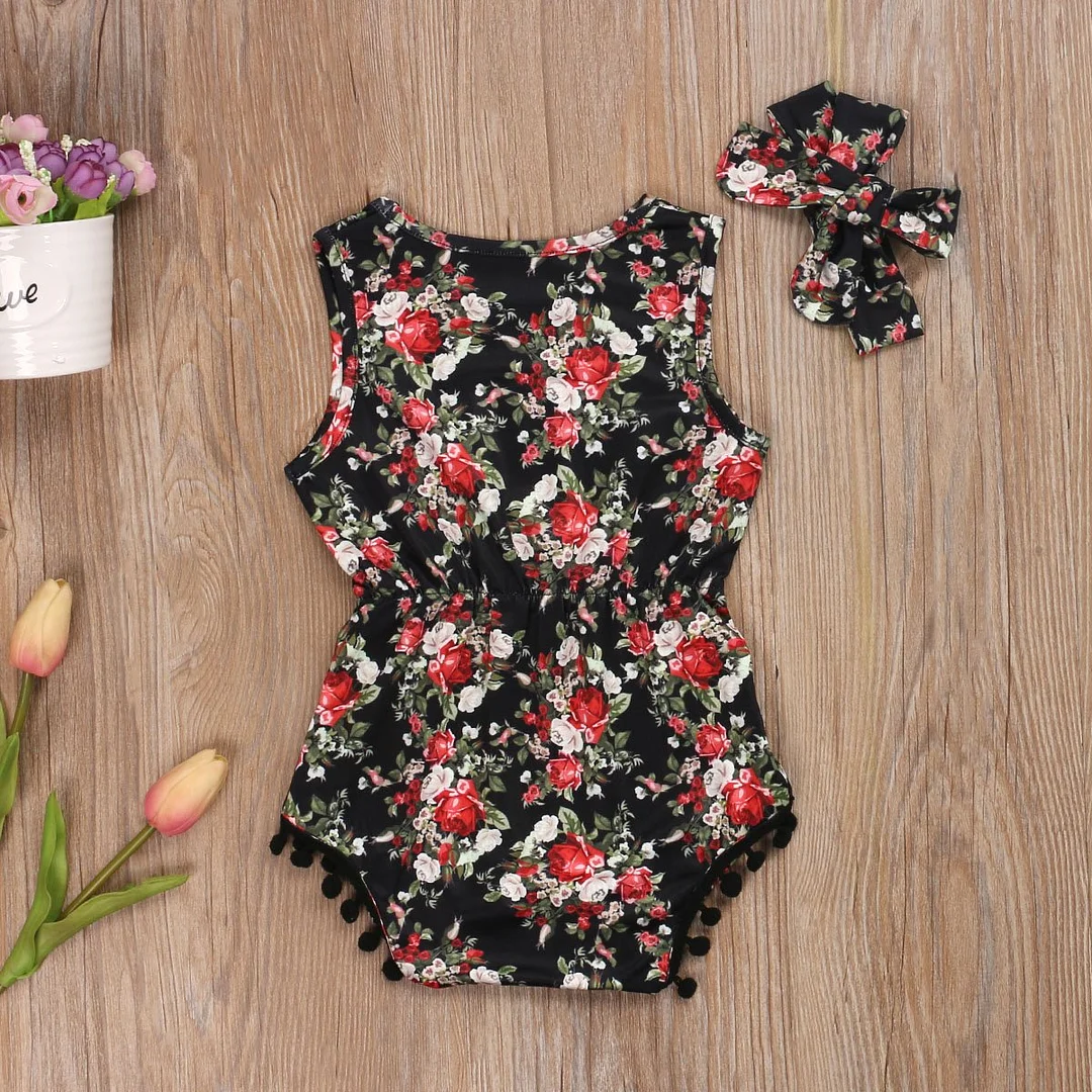 Infant Newborn Baby Girls Sleeveless Bodysuits Tassels Balls Jumpsuits Floral Playsuits +Headband