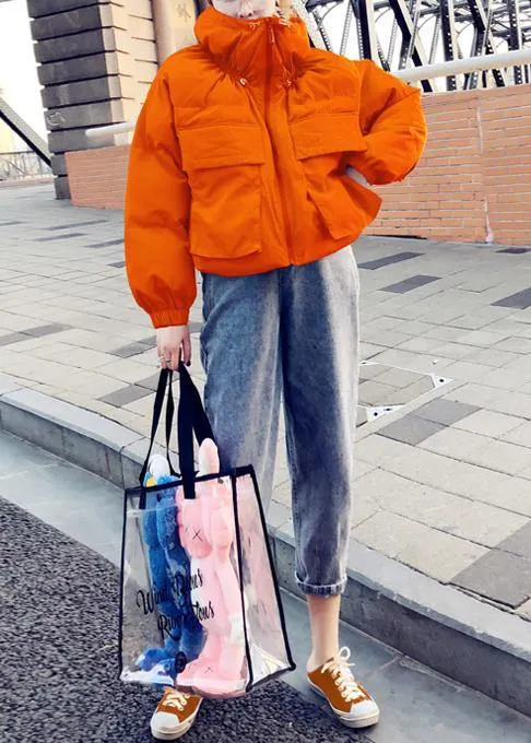 New orange duck down coat plus size clothing womens parka stand collar Large pockets fine coats