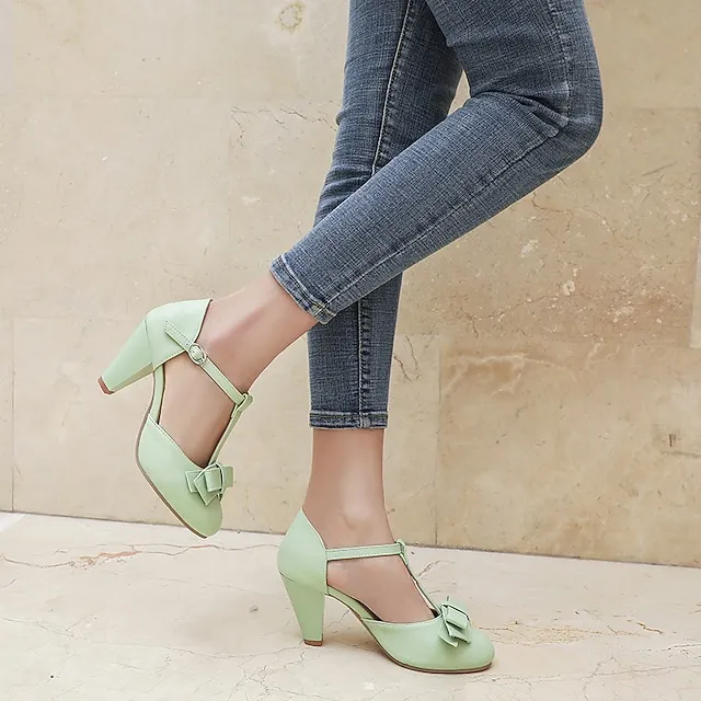 1950s Vintage Mint Green T-Strap Heels with Bow ¨C Retro Chunky Mid ...