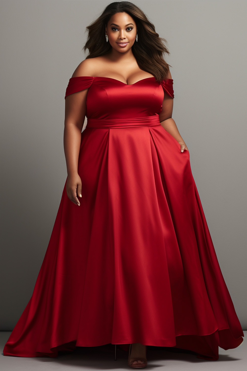 Design Plus Size Formal Elegant Red Off The Shoulder With Pockets Satin Maxi Dresses [Pre-Order]