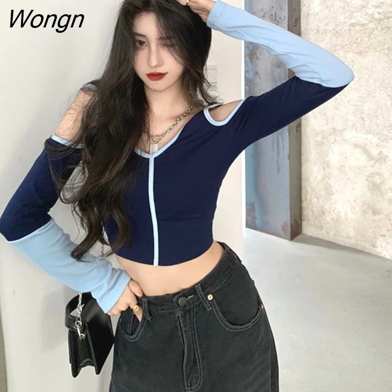 Wongn Out T-shirts Women Panelled Patchwork Hot Korean Style Club Streetwear Ins Retro Skinny Female Crop Top Trendy Popular