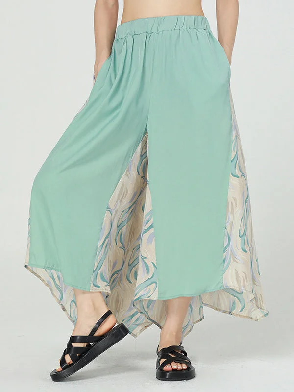 Fashion Printed Contrast Color Split-Joint High Waisted Wide Leg Ninth Pants