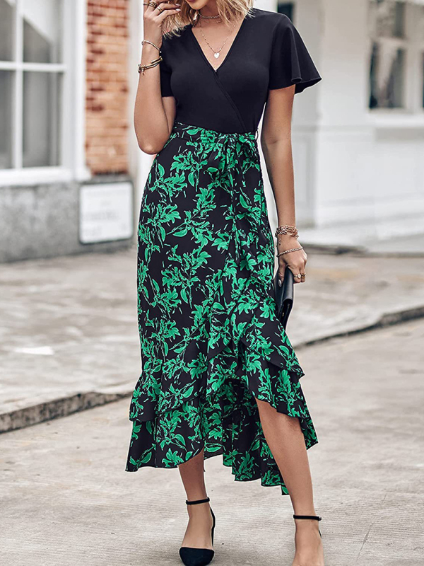 Mature Women Casual Summer New V-neck Splicing Hem Irregular Slit Printed Dress