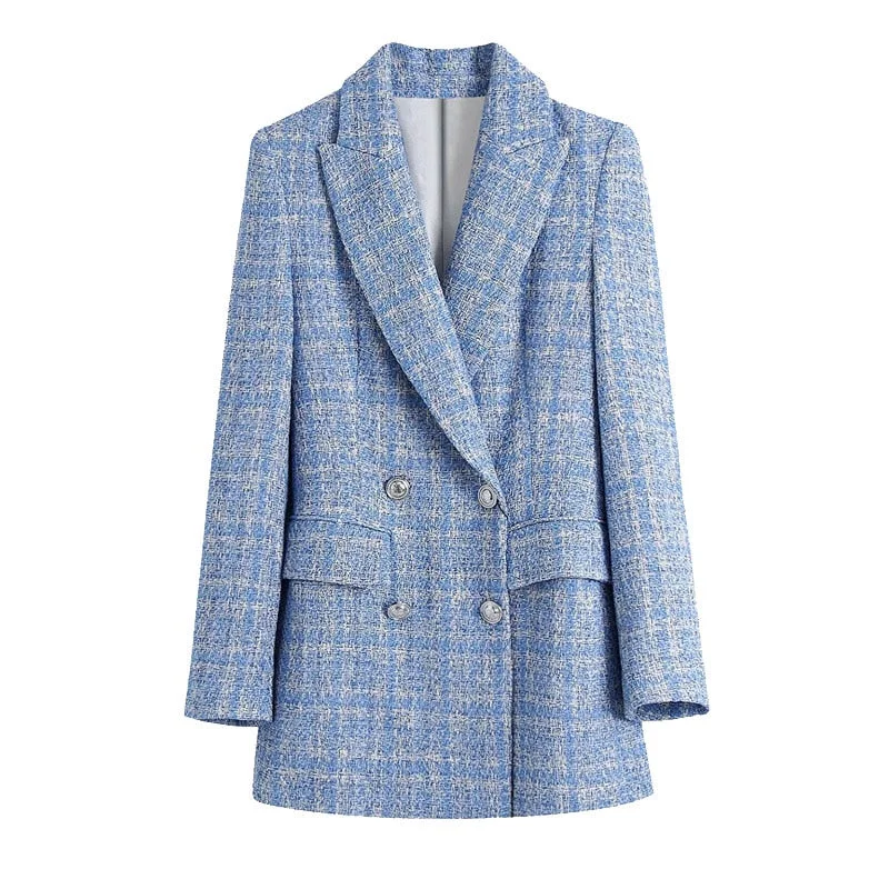 TRAF Women Fashion Double Breasted Tweed Check Blazers Coat Vintage Long Sleeve Pockets Female Outerwear Chic Veste