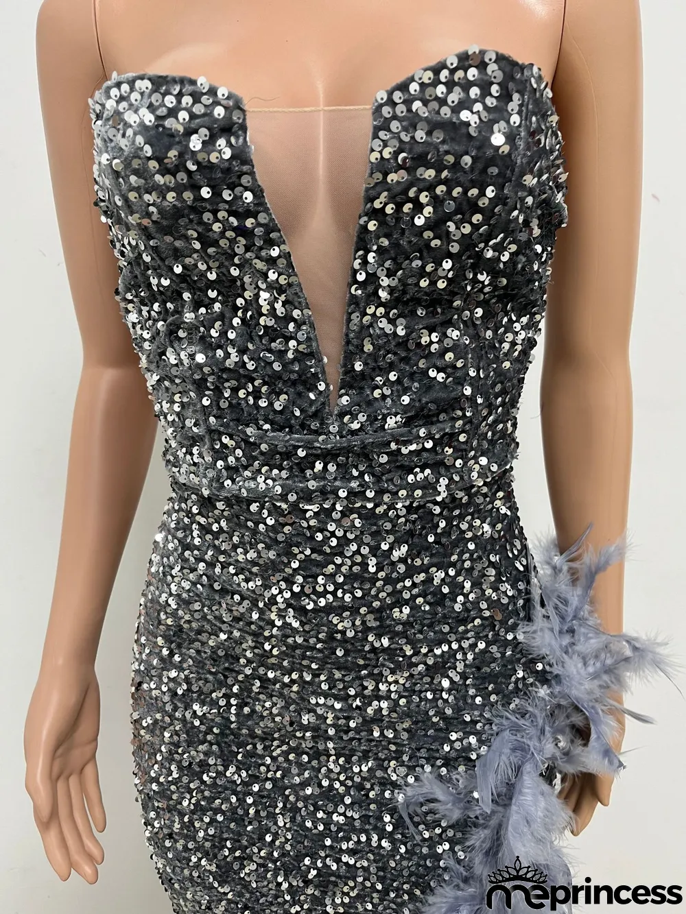 Women Sexy Off Shoulder Backless Sequin Feather Dress