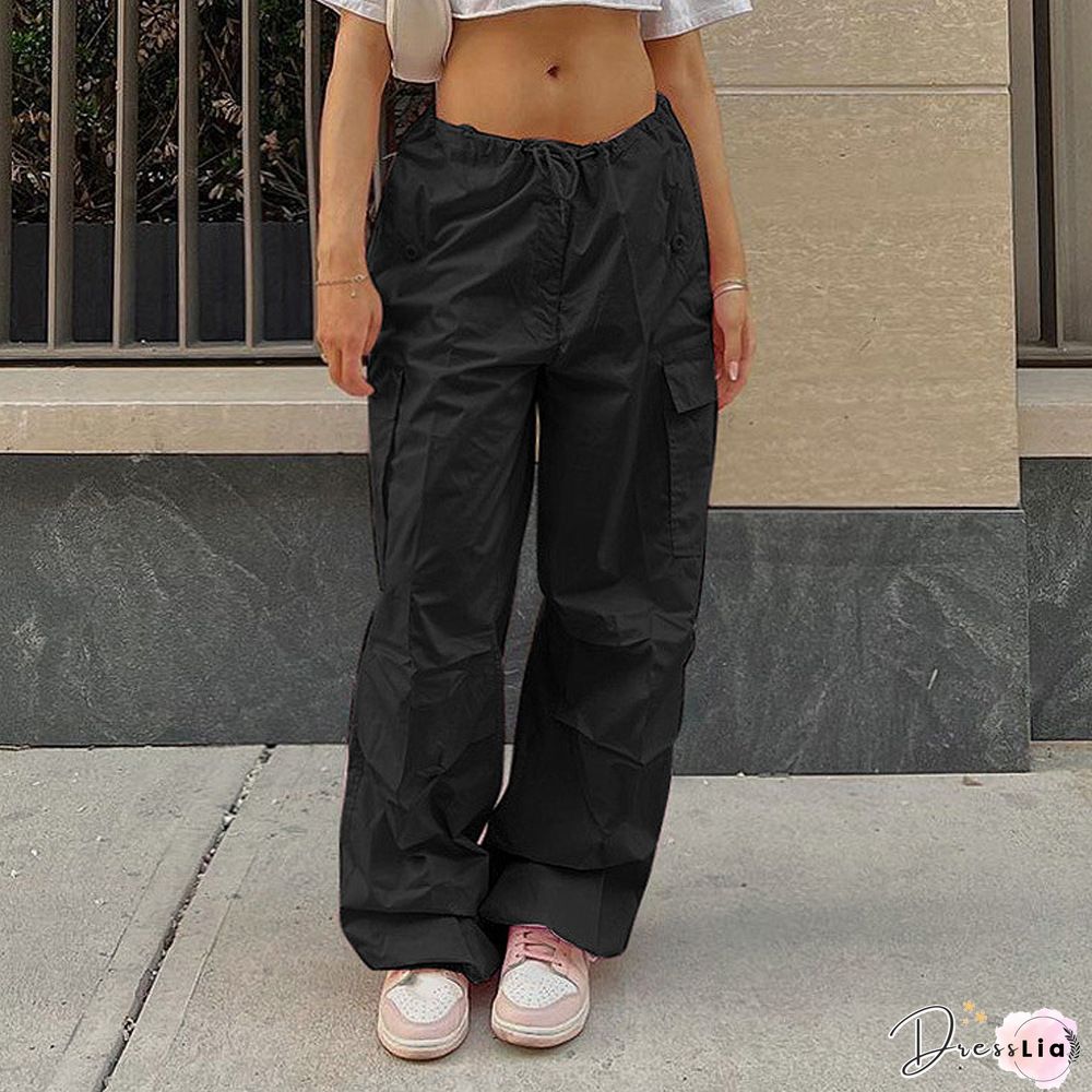 Pink Blue Patchwork Pockets High Waisted Fashion Long Pants