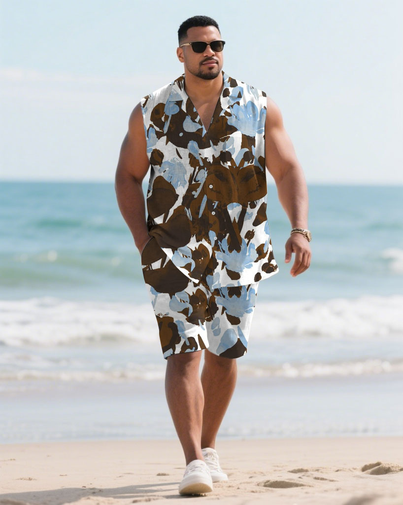 Hawaiian Men's Plus Size-White & Blue & Brown Graffiti Art Fashion Print Blouse Shorts Suit