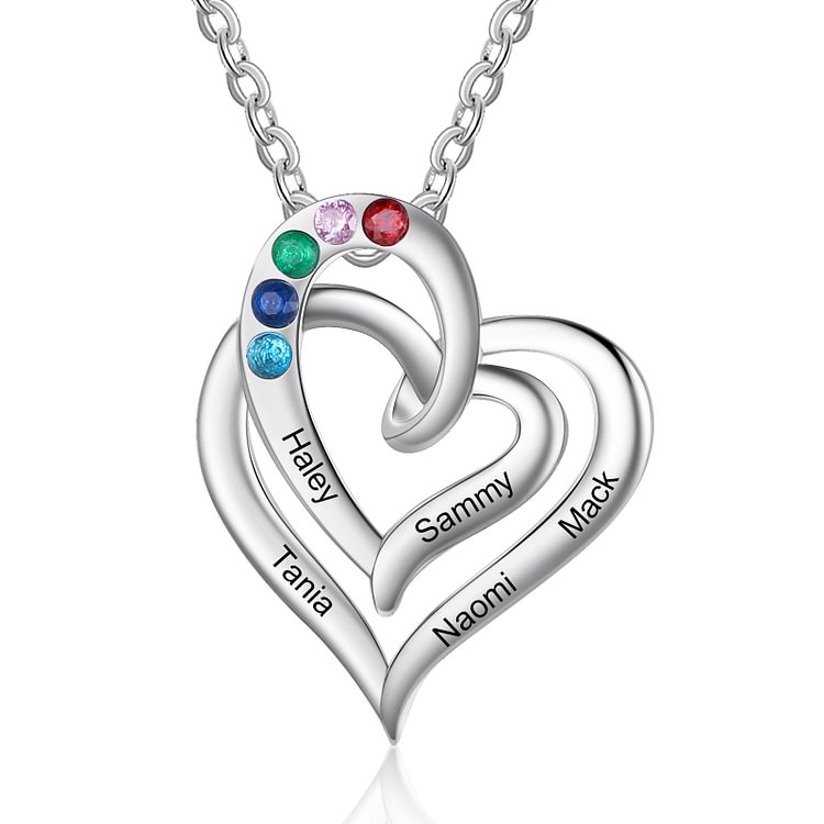 Collar con colgantes de corazón con 5 nombres personalizados y 5 piedras de nacimiento