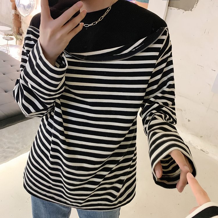 -8942P80 Fake Two-piece Black and White Striped Long-sleeved Sweater-Dawfashion- Original Design Clothing Store-Halloween 2022