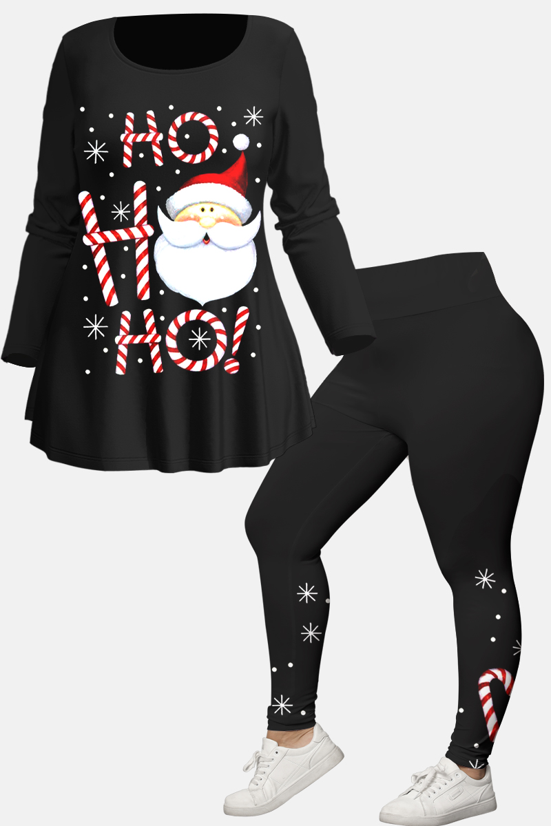 Flycurvy Plus Size Christmas Casual Black Santa Claus Snowflake Print Two Piece Pant Set