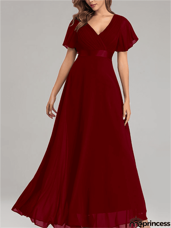 New Elegant V-Neck Ruffles Chiffon Formal Evening Gown Maxi Dresses