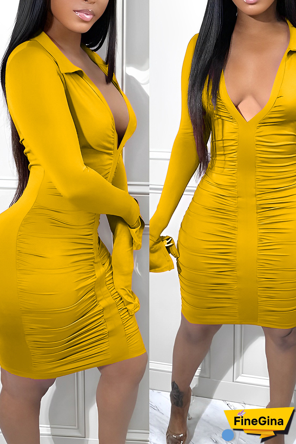 Blue Sexy Solid Fold Turndown Collar Pencil Skirt Dresses