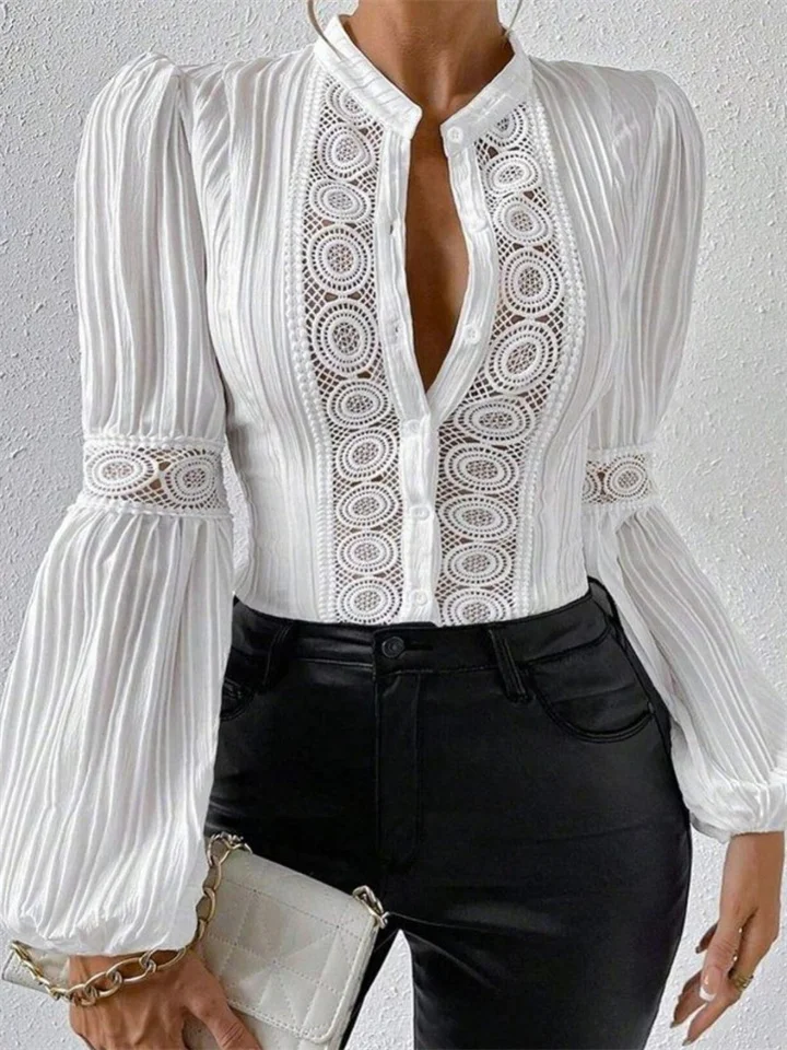 Spring Women's New Fashion Lace Lantern Long-sleeved Solid-color Stand-up Collar Shirts