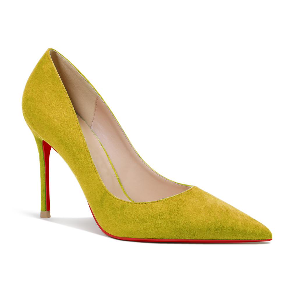 100mm Women's Stiletto Heels Classic Pointed Toe Red Bottom Pumps Suede Shoes-MERUMOTE