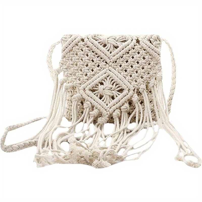 Women's Tassel Crochet Bag, Fringed Bohemian Crossbody Bag, Trendy Summer Beach Purse