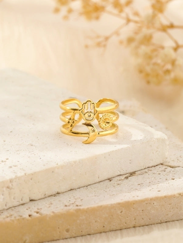 304 Stainless Steel 18K Gold Plated Classical Classic Style Plating Hollow Out Star Moon Heart Shape Open Rings
