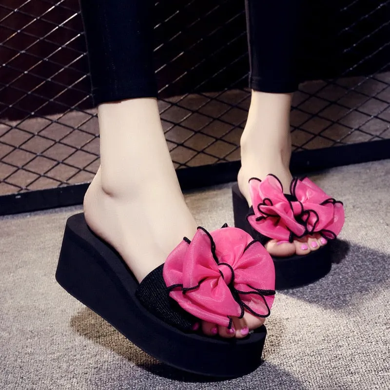 7cmHigh Heel Women's High-heeled Slippers Women's Summer Wild Bow Slippers Women's Beach Slippers Casual Beach Shoes Flip Flops