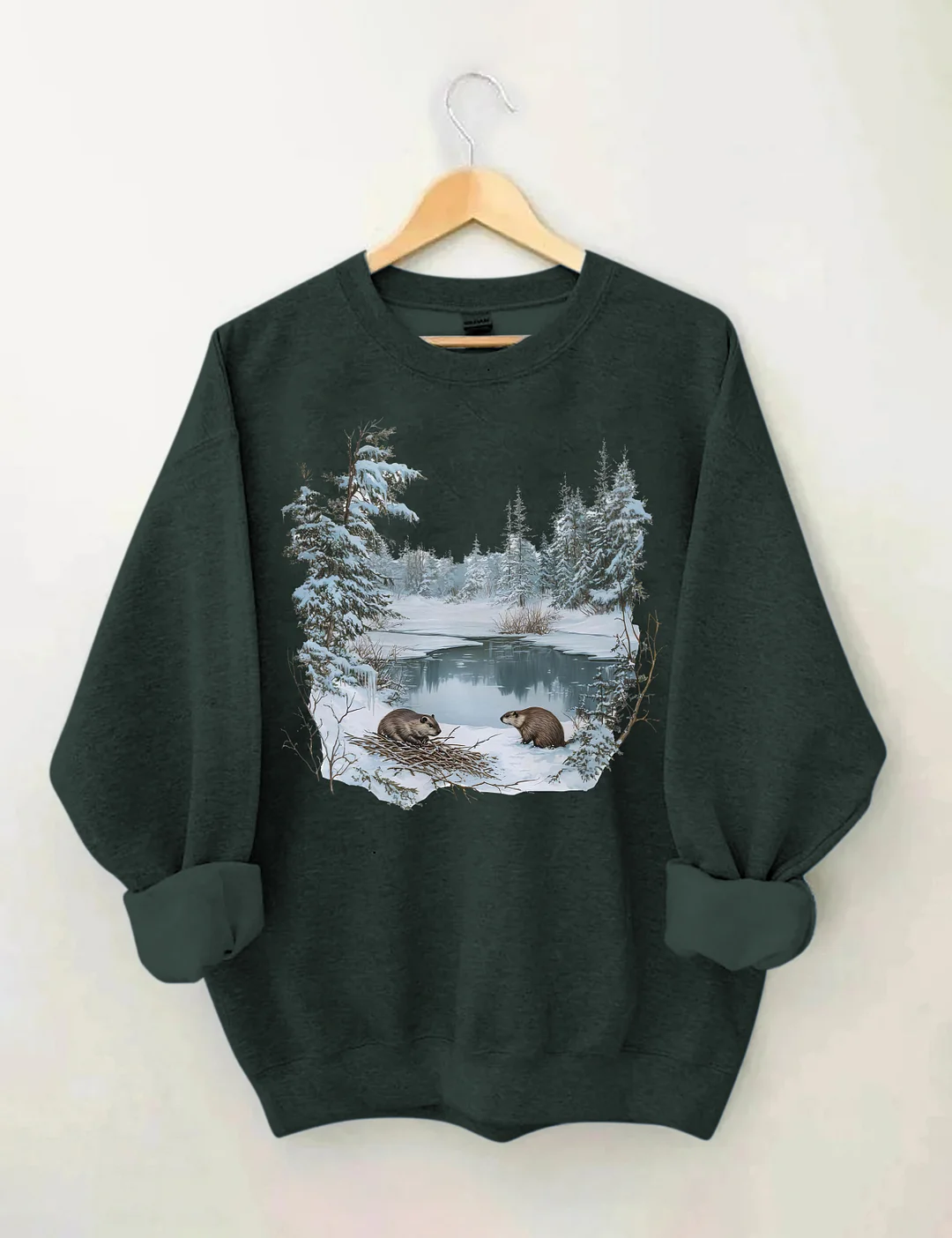Beavers Winter Pond Snowy Scene Sweatshirt