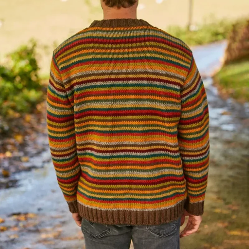Retro Warm Colorful Striped Knitted Jacquard Iceland Crew Neck Sweater