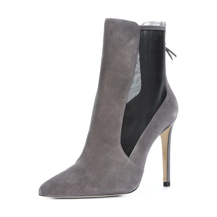 Women's Grey Back Zipper Pointed Toe Stiletto Boots Ankle Boots |FSJ Shoes