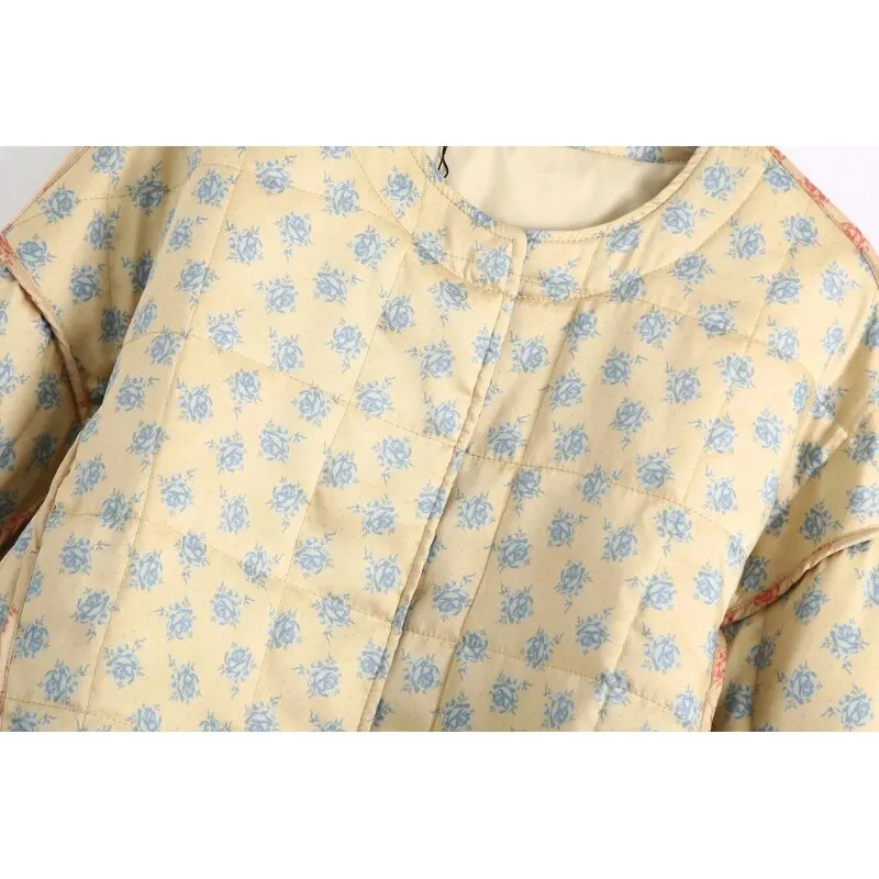 Vintage Chic Floral Print Side Bow Tie Quilted Coats Women Fashion O-Neck Button-up Cropped Jacket Casual Female Outerwear