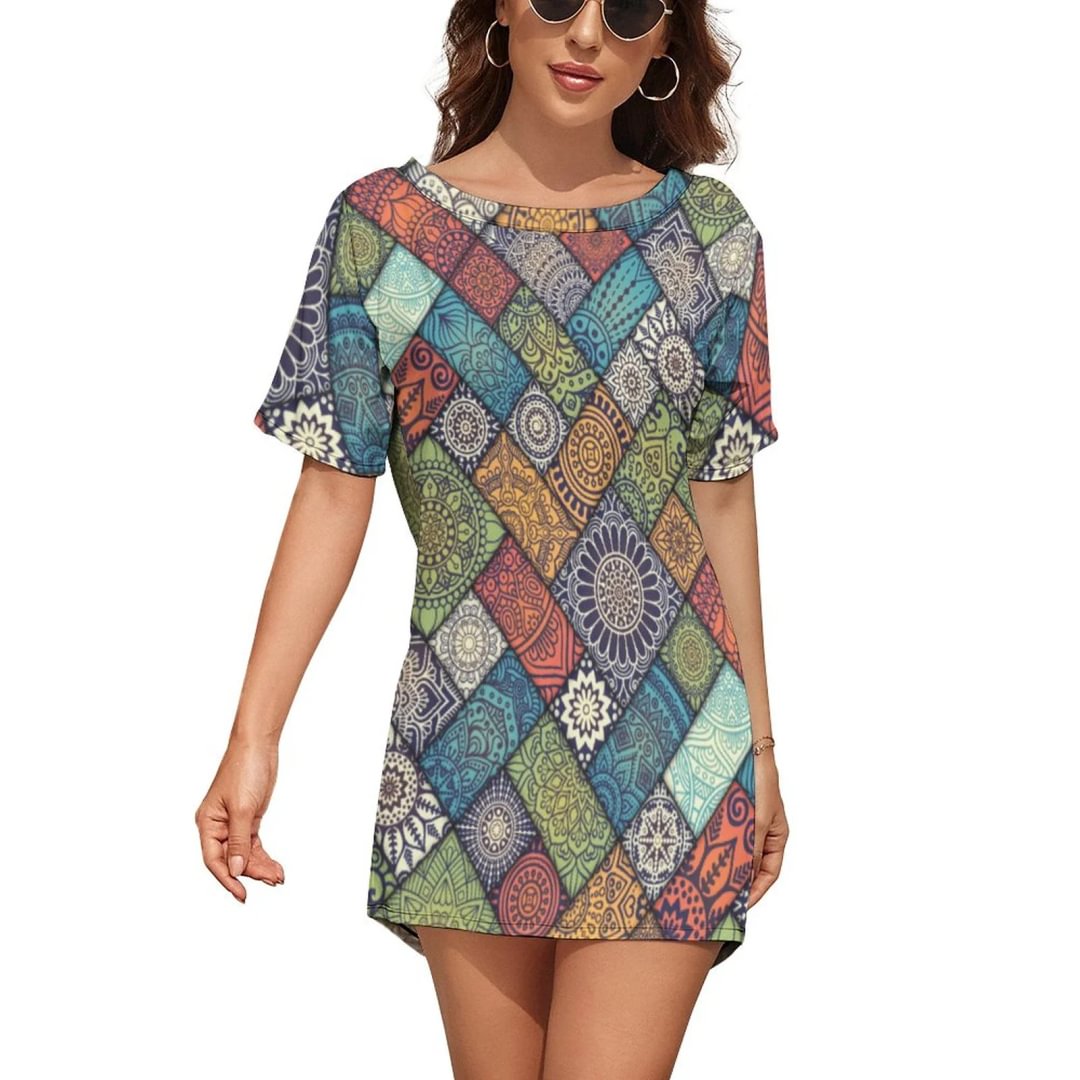 Diagonal Floral Tiles Printed Women Summer Casual Mini Dresses Tops Loose Short Bat Sleeve T-Shirt Tunic Dress - Neewho