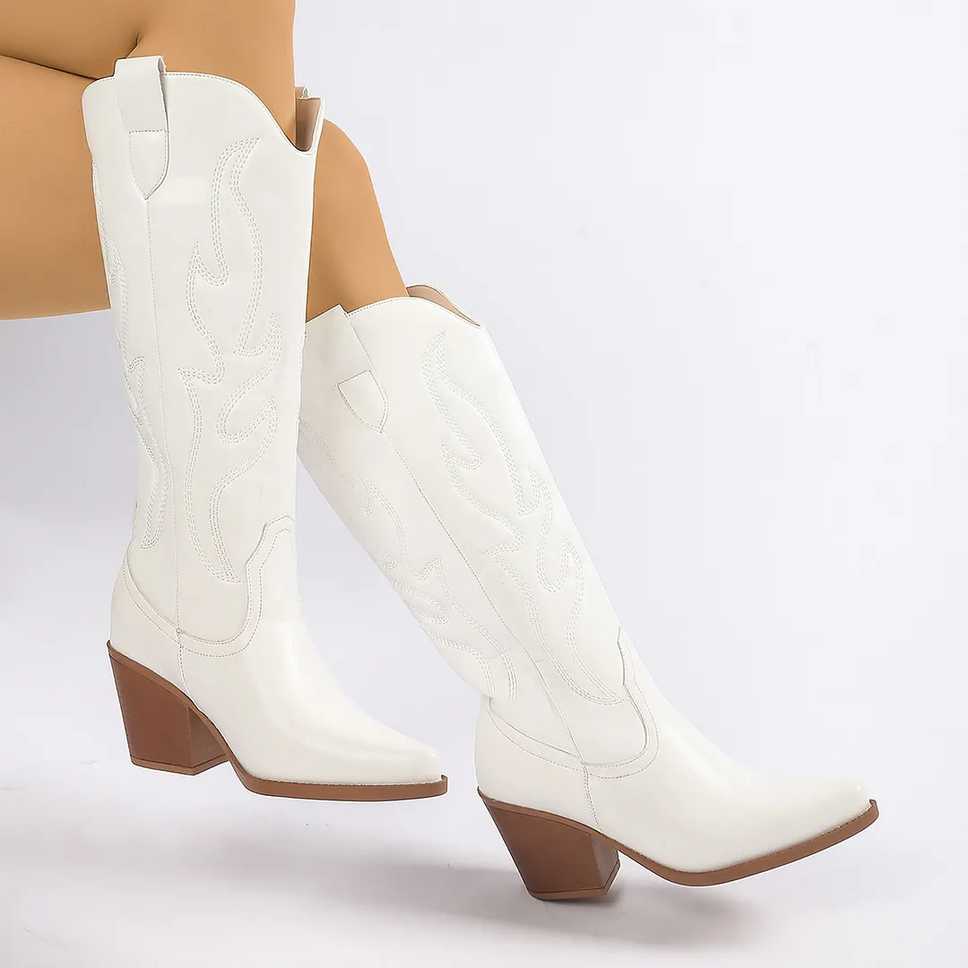 Breakj Breakj Women's Boot Embroidered Long筒 Boots 2025 Female Knight Boots Coarse And High With Western Cowboy Vintage Tide Boots