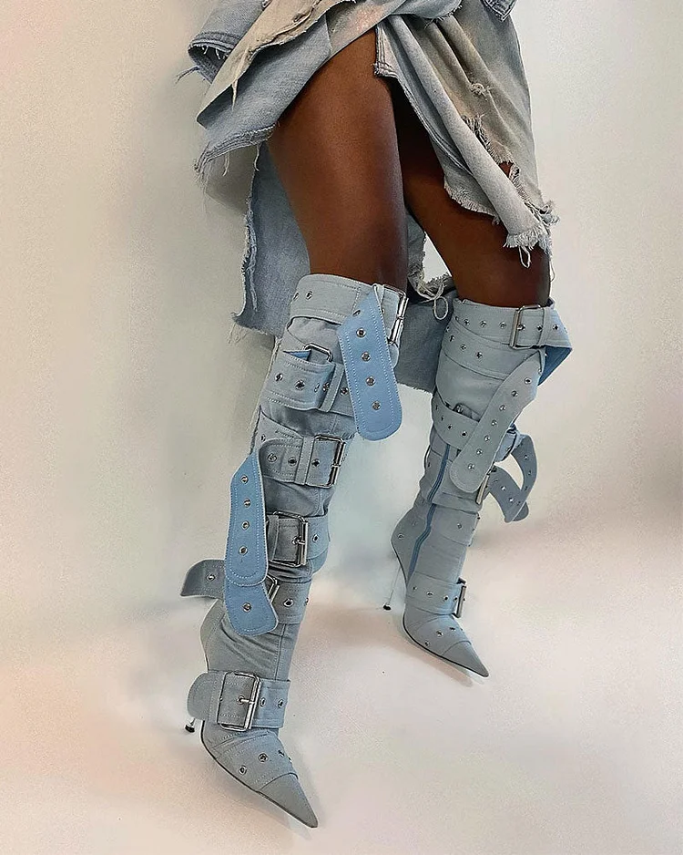 Buckled Design Punk Pointed Toe Denim Boots