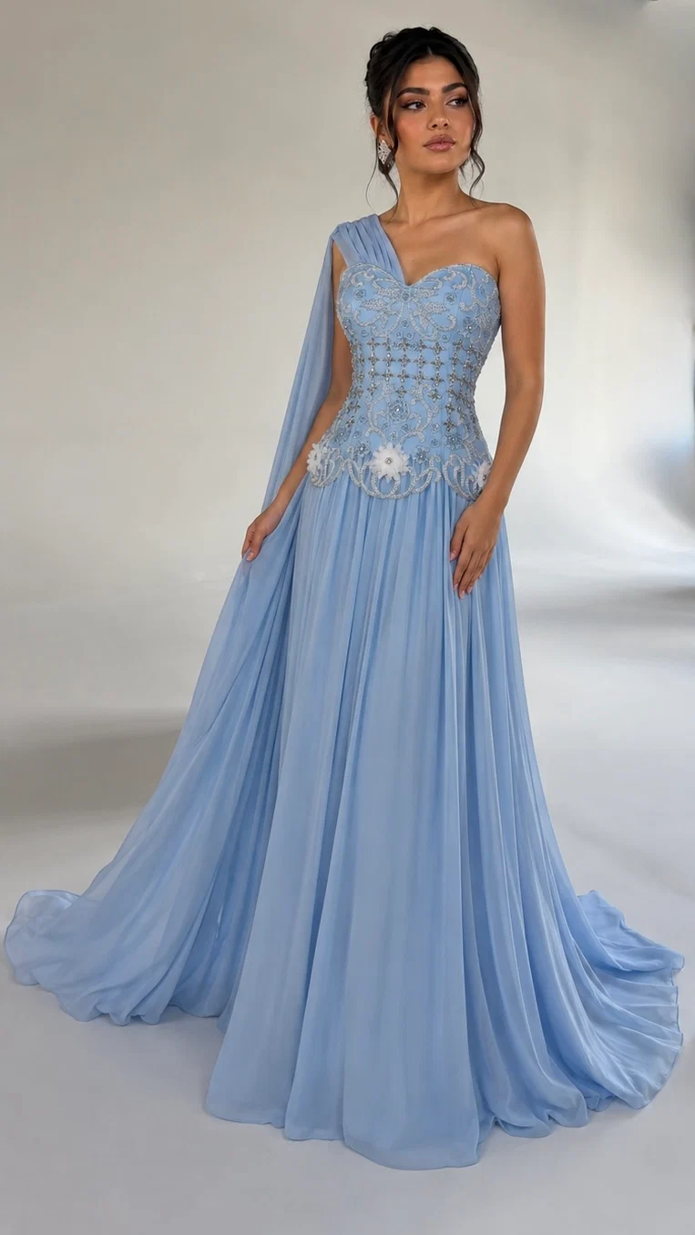 Mollymuna | Light Blue One‑Shoulder Drape Prom Dress A-Line Beaded Bodice GY0109